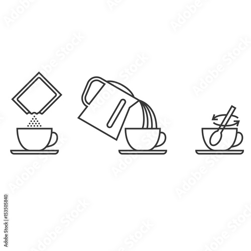 Step brewing instant powder for drink such as collagen, instant tea, cocoa, coffee, milk, outline design vector illustration