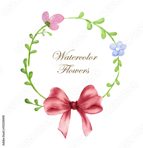wreath of flowers and red bow in watercolor style with white background