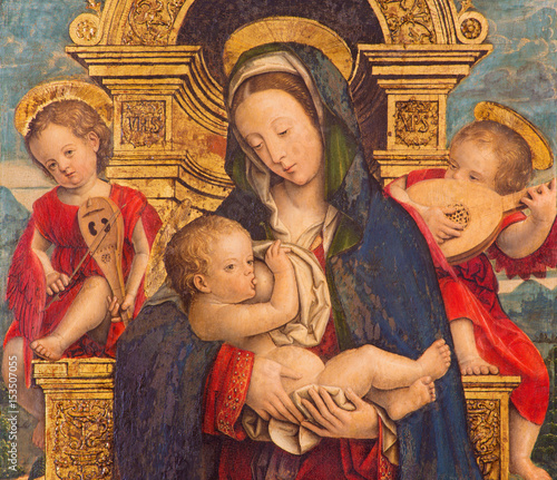 Quadro su tela TURIN, ITALY - MARCH 13, 2017: The painting of The Nursing Madonna in Duomo by Defendente Ferrari (1511 - 1535)