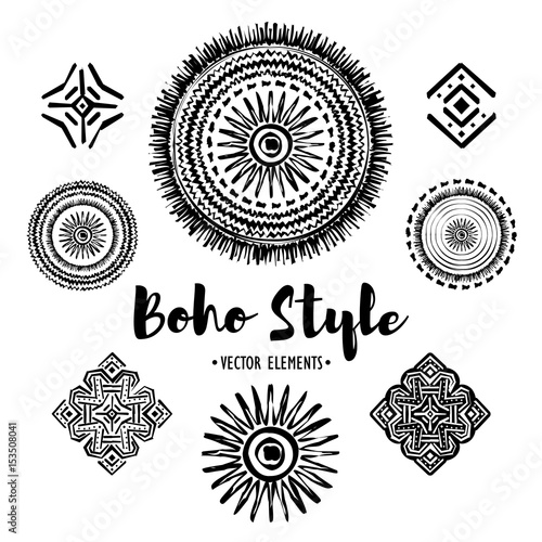 Set of Ornamental black and white Boho Style Elements. Vector illustration. 
