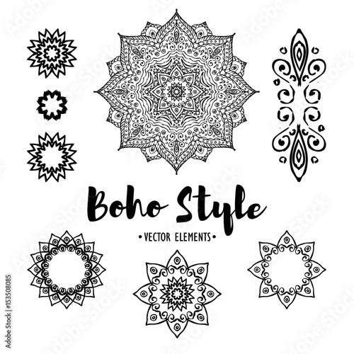 Set of Ornamental black and white Boho Style Elements. Vector illustration. 
