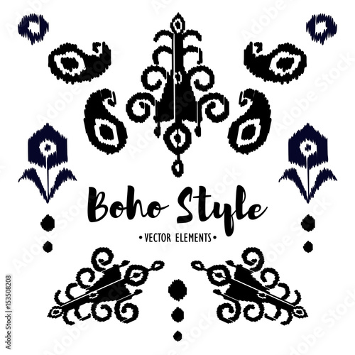 Set of Ornamental black and white Boho Style Elements. Vector illustration. 

