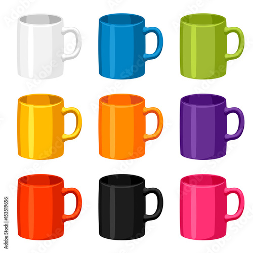 Colored mugs templates. Set of promotional gifts and souvenirs