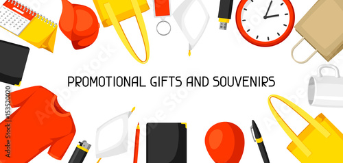 Advertising background with promotional gifts and souvenirs