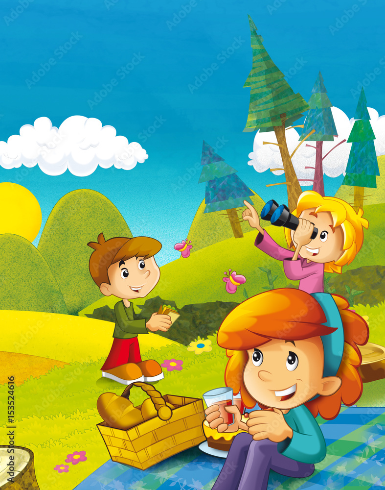 cartoon scene with children having fun in the mountains cartoon scene with children having fun in the mountains
