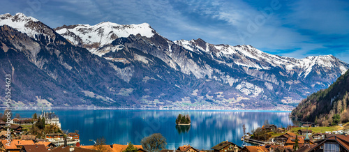 Beautiful panoramic view of blue lake in Iseltwald, Switzerland