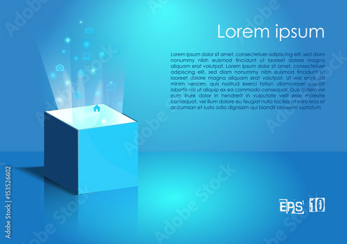 Magic box with light and icon in blue color