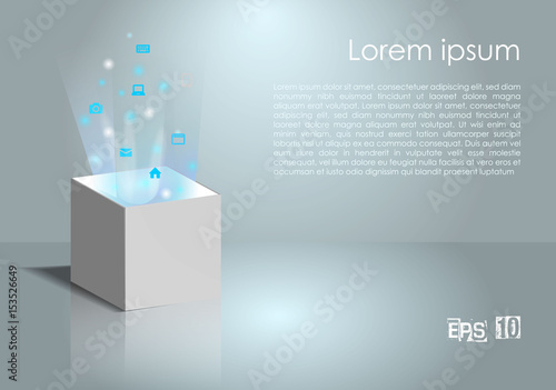 Magic box with light and icon in grey and blue color