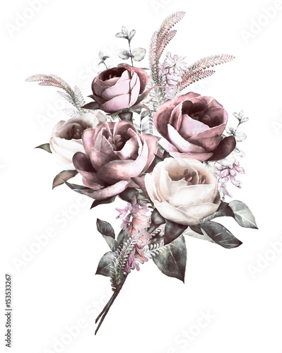 watercolor flowers. floral illustration, bouquet flower in Pastel colors, pink rose. branch of flowers isolated on white background. Leaf and buds. Cute composition for wedding or greeting card