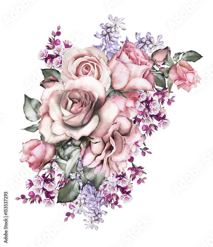 watercolor flowers. floral illustration - pink rose. branch of flowers isolated on white background. Leaf and buds. Cute composition for wedding or greeting card © lisima