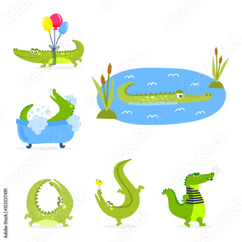 Cartoon green crocodile funny predator australian wildlife river reptile alligator flat vector illustration.