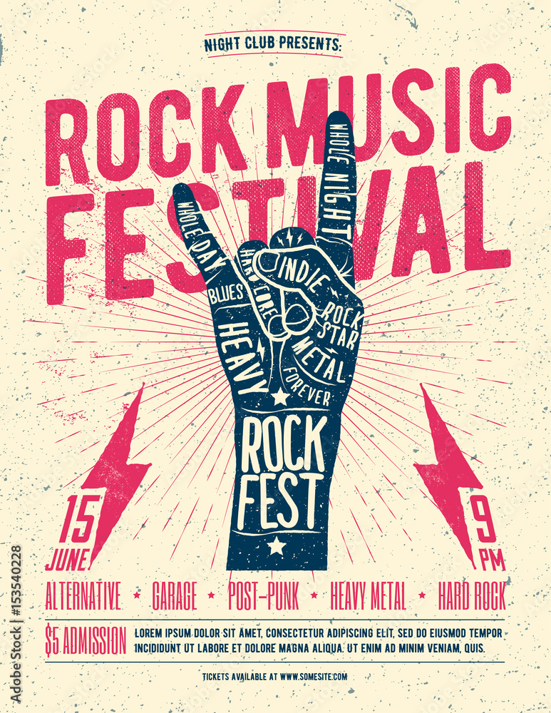 Fototapeta premium Rock Festival Flyer Poster. Vintage styled vector illustration.