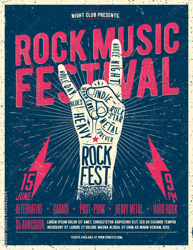 Naklejka premium Rock Fest Flyer Poster. Vintage styled vector illustration.