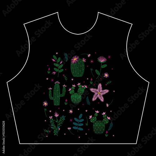 Colorful embroidery. Decollete floral pattern with cacti and plants. ethnic. Vector traditional traditional flowers on a black background