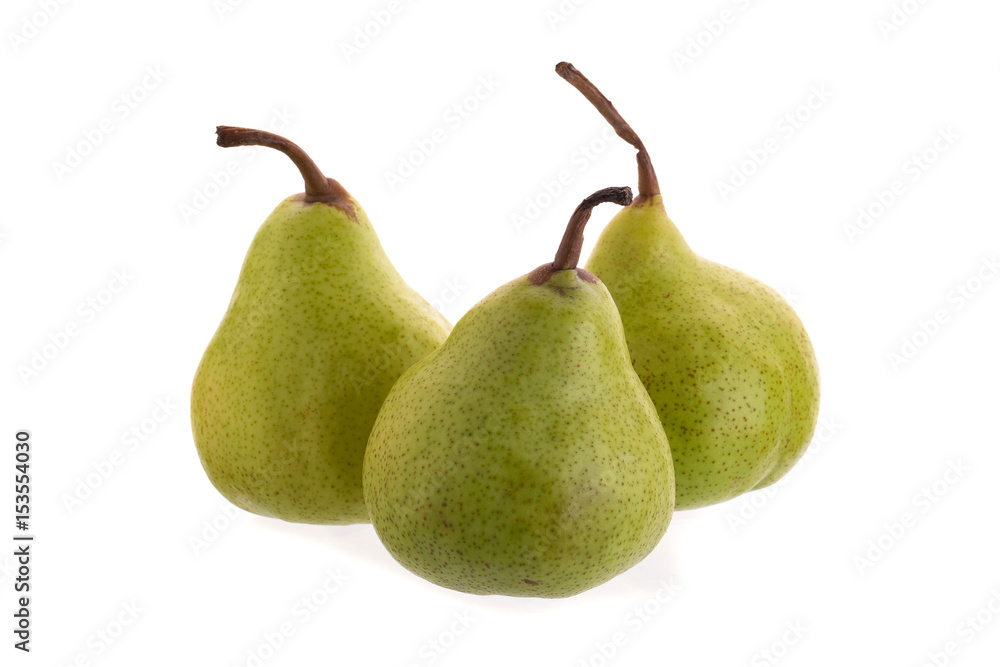Close up of fresh green pears over white background Close up of fresh green pears over white background