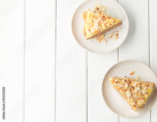 Almond cake with caramel, soft focus, horizontal, top view
