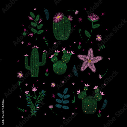 Colorful embroidery. Decollete floral pattern with cacti and plants. ethnic. Vector traditional traditional flowers on a black background