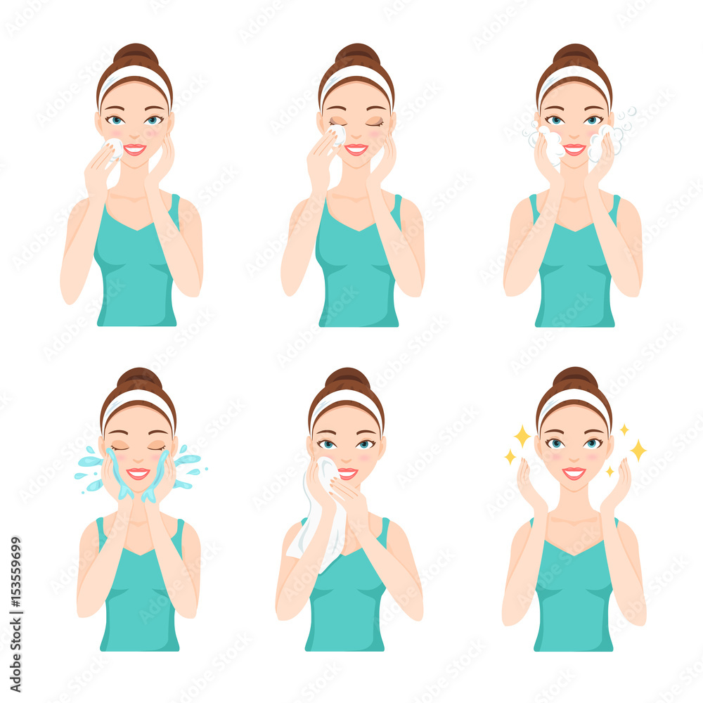 Attractive pretty young woman dressed in casual t-shirt remove make-up, clean, wash up and care her face with sponge. Facial treatment procedures, skincare, healthy lifestyle. Attractive pretty young woman dressed in casual t-shirt remove make-up, clean, wash up and care her face with sponge. Facial treatment procedures, skincare, healthy lifestyle.