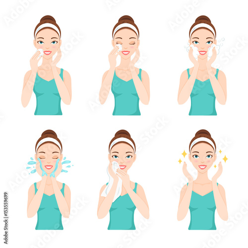 Attractive pretty young woman dressed in casual t-shirt remove make-up, clean, wash up and care her face with sponge. Facial treatment procedures, skincare, healthy lifestyle.