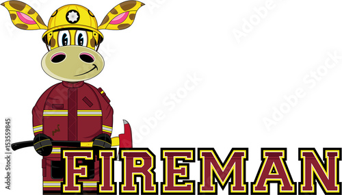 Sticker Cute Cartoon Giraffe Fireman