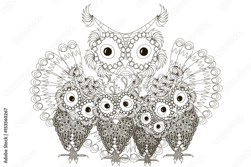 Zentangle stylized black and white four owls, hand drawn family stock ...