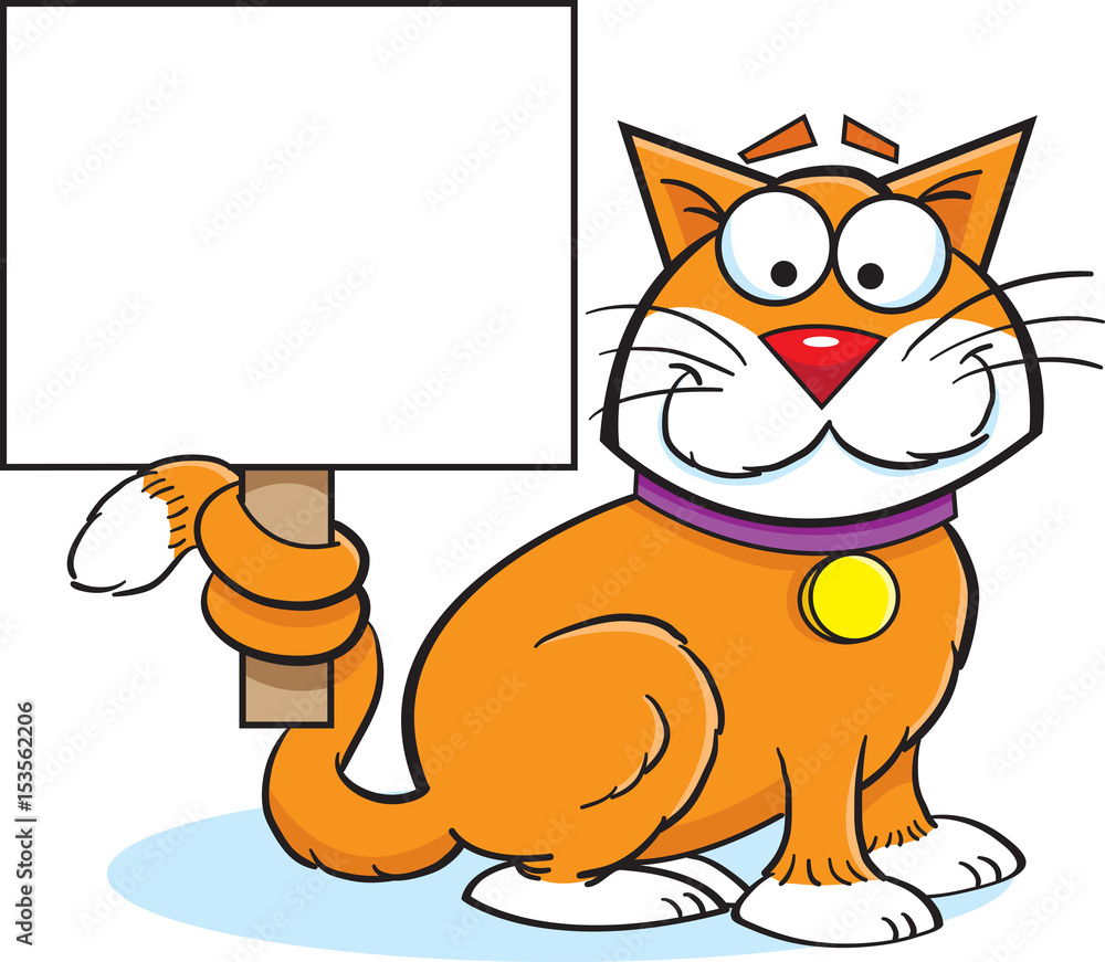 Obraz premium Cartoon illustration of a cat holding a sign.