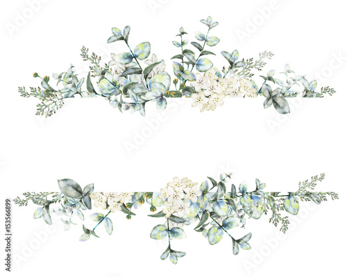 Card, Watercolor invitation design with herbs, white flowers and leaves. Hand painted floral background. Botanical Template. Frame. drawing nature