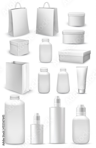 Big collection of shopping bags, gift boxes, plastic containers and cream tube. Vector