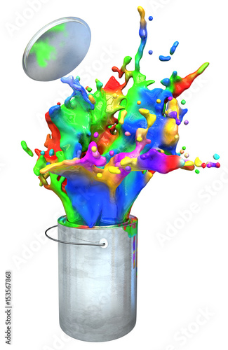 3d illustration of colorful paint busting from a paint buckets