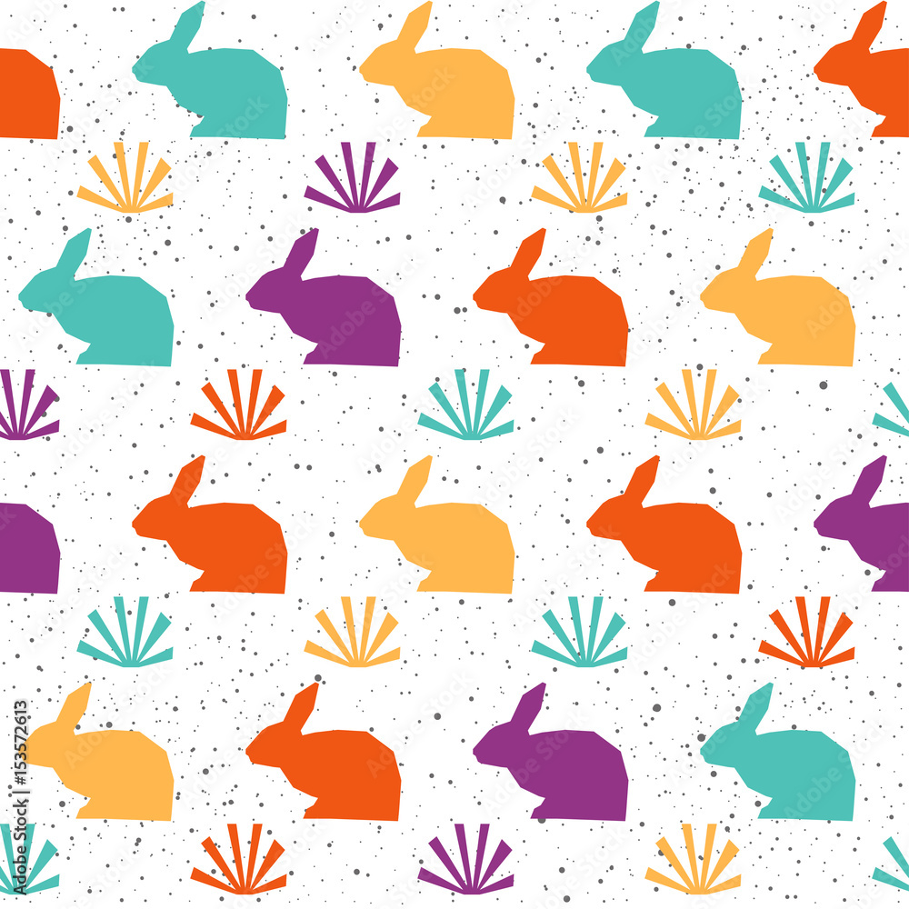 Obraz premium Rabbit seamless pattern background. Abstract purple, yellow, green, orange colored rabbit