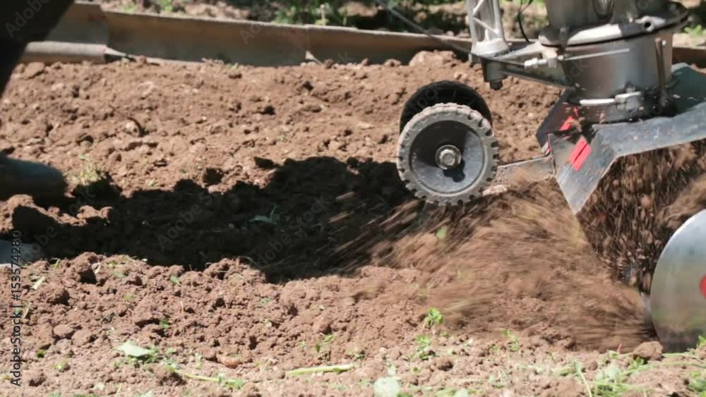 A man is a farmer in a suburban area, a vegetable garden, plows the land with a cultivator, a manual motor plow, throwing clay and soil. Close-up of a cultivator of a tractor A man is a farmer in a suburban area, a vegetable garden, plows the land with a cultivator, a manual motor plow, throwing clay and soil. Close-up of a cultivator of a tractor