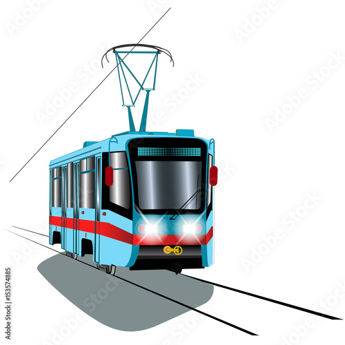 Blue tram with red stripe