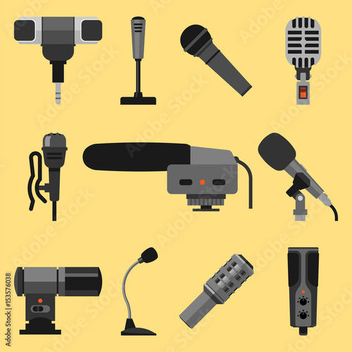 Different microphones types icons journalist vector interview music broadcasting vocal tool tv tool.