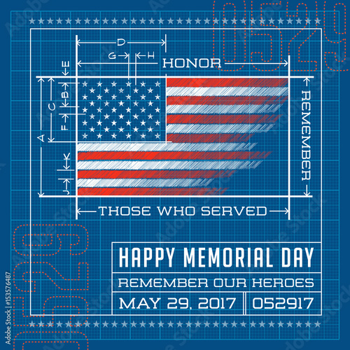 Happy Memorial Day card or banner. American flag design as a blueprint or diagram. Remember our heroes vector illustration.