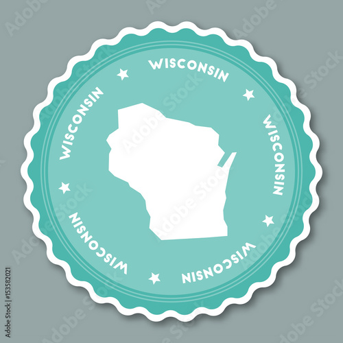Wisconsin sticker flat design. Round flat style badges of trendy colors with the state map and name. US state sticker vector illustration.