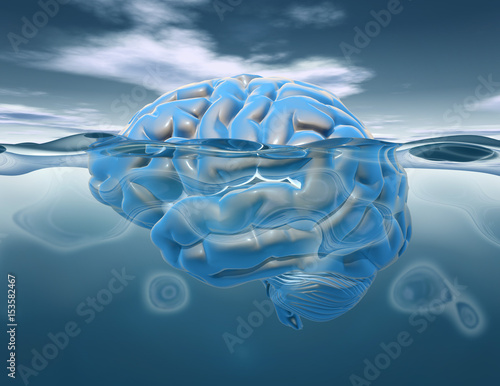 Brain under water 3D render, subconscious mental life and brainstorm idea.