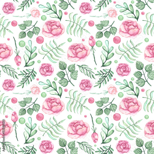 Watercolor Roses, Green Leaves And Spots Seamless Pattern