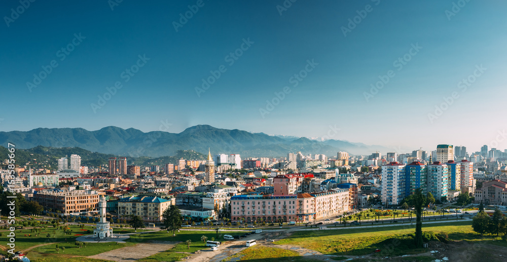 Cityscape Of Georgian Resort Town Of Batumi. Different Colored Houses