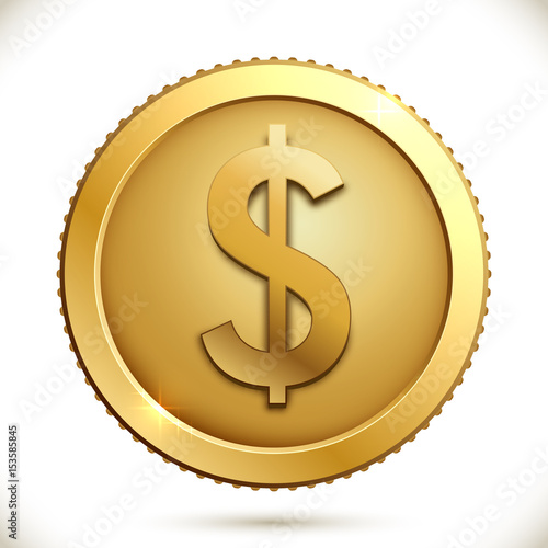 Gold coin with dollar sign on white background.