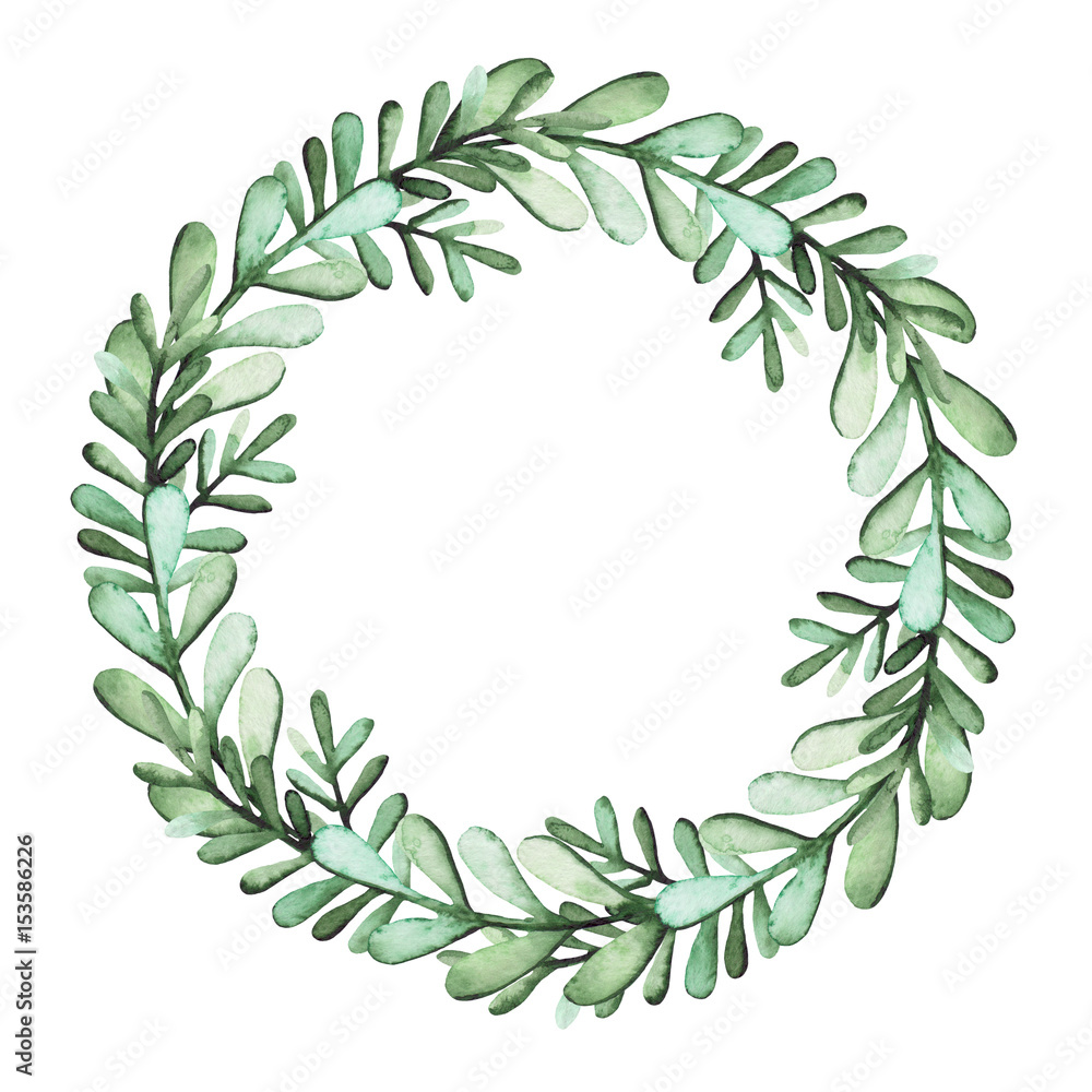 Obraz premium Round Herbal Wreath With Watercolor Green Leaves