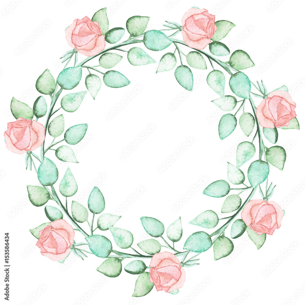 Wreath With Watercolor Light Pink Rose Buds Wreath With Watercolor Light Pink Rose Buds