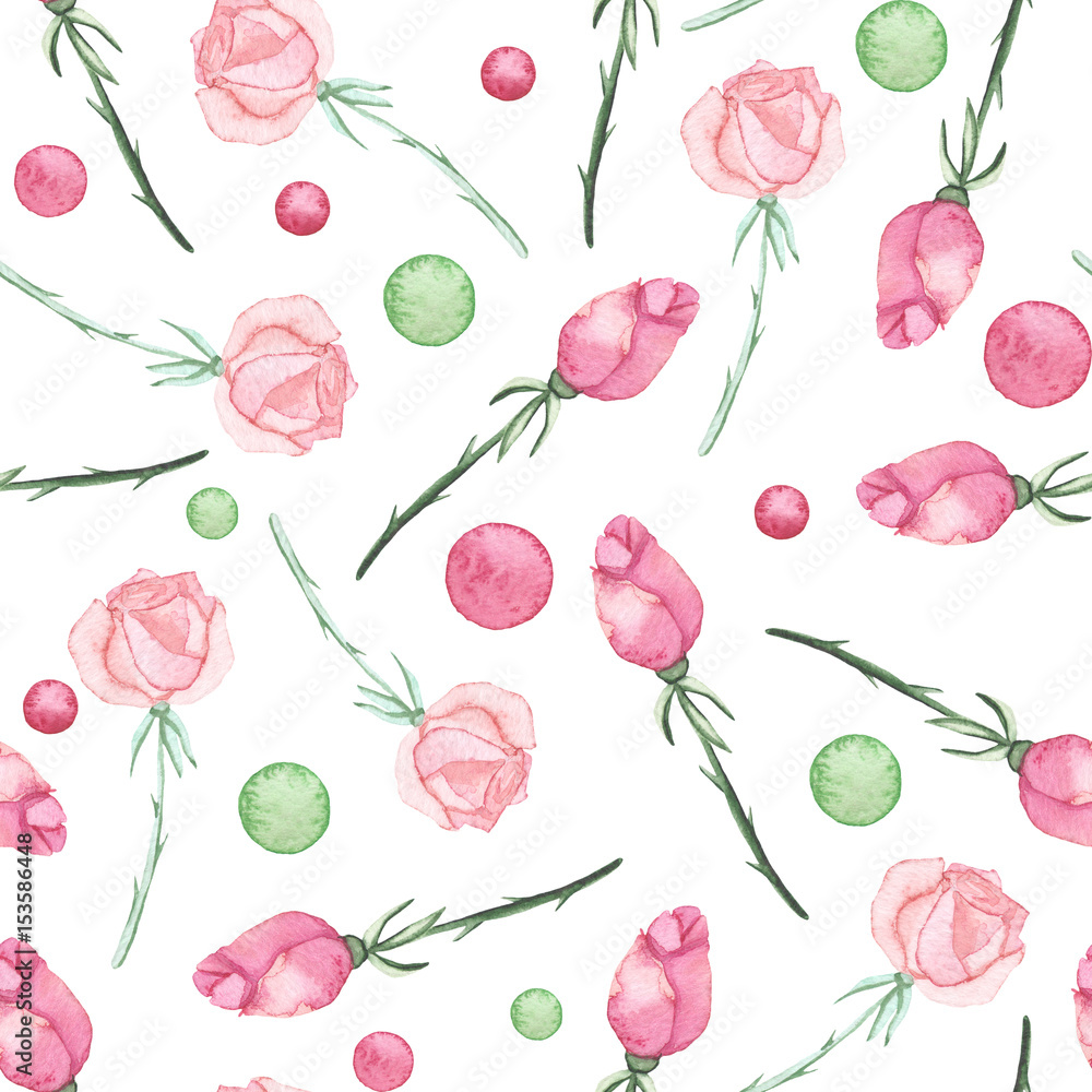 Watercolor Pink Roses And Colorful Spots Seamless Pattern