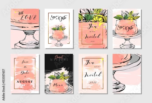 Hand drawn vector abstract freehand textured unusual save the date cards set template with cake stand design,flowers,lemon,golden frame and modern calligraphy in peach colors.Wedding,birthday,rsvp