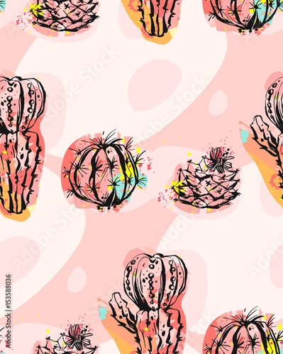 Fototapeta Naklejka Na Ścianę i Meble -  Hand drawn vector abstract seamless pattern collage with cacti plant illustrations and different shapes isolated on pastel background.Unusual fashion fabric,wedding,decoration,birthday,design element