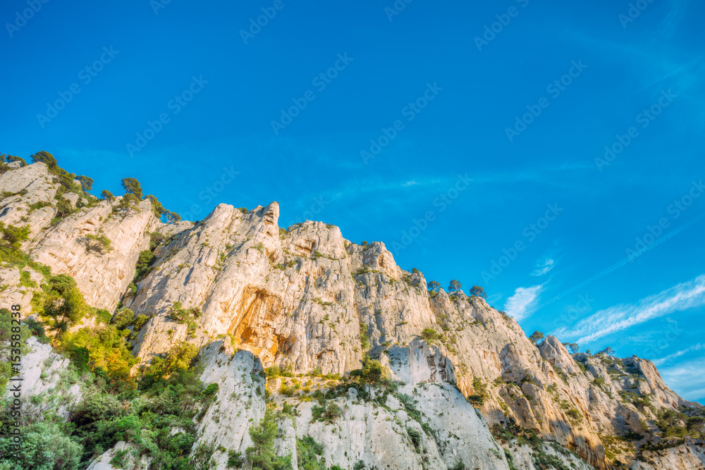 Calanques On The Azure Coast Of France. High Cliffs Under Blue Sunny Sky