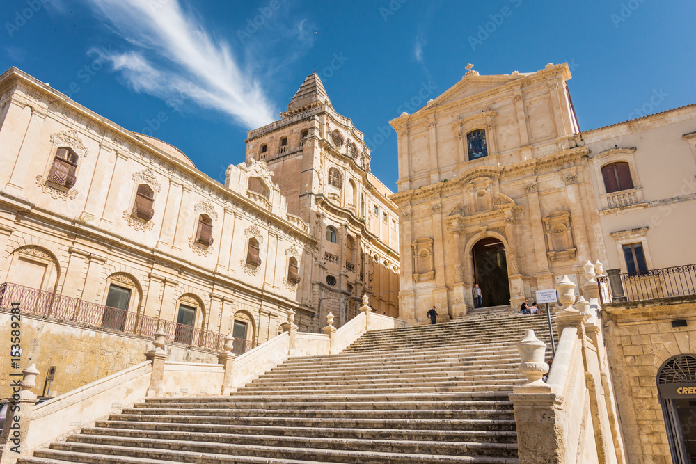Facade and stairs of the Church of Saint Francis Immaculate in the Noto, Sicily, Italy.