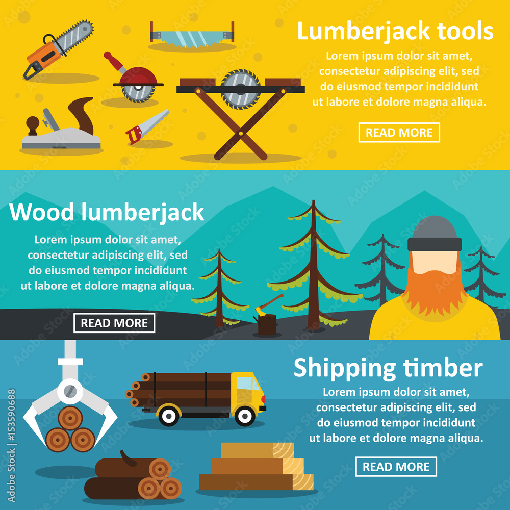 Lumberjack tools banner horizontal set, flat style