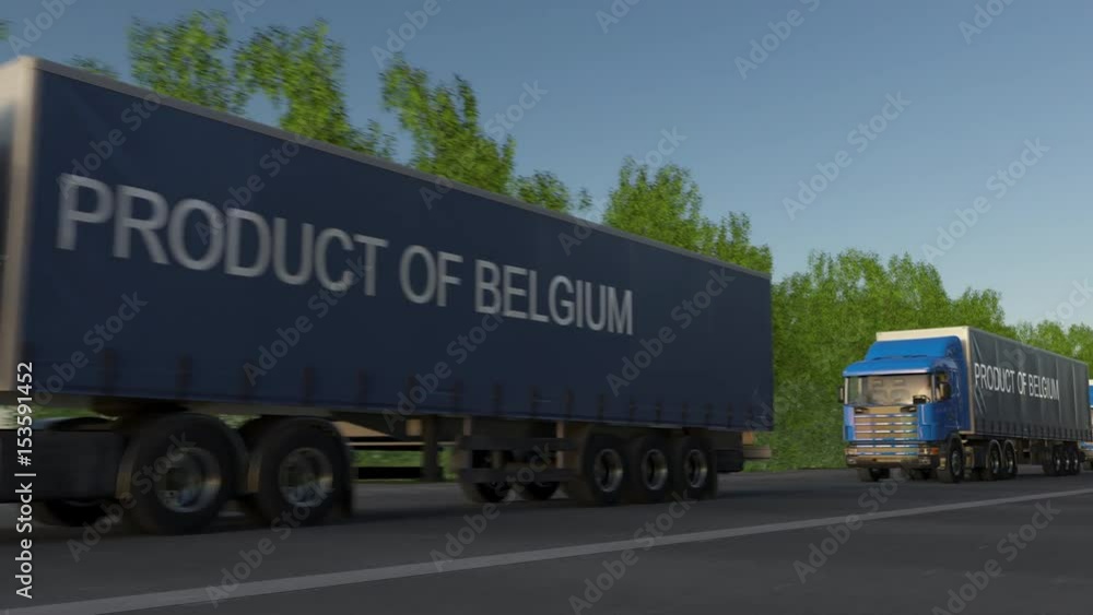 Moving freight semi trucks with PRODUCT OF BELGIUM caption on the trailer. Road cargo transportation. Seamless loop 4K clip Moving freight semi trucks with PRODUCT OF BELGIUM caption on the trailer. Road cargo transportation. Seamless loop 4K clip