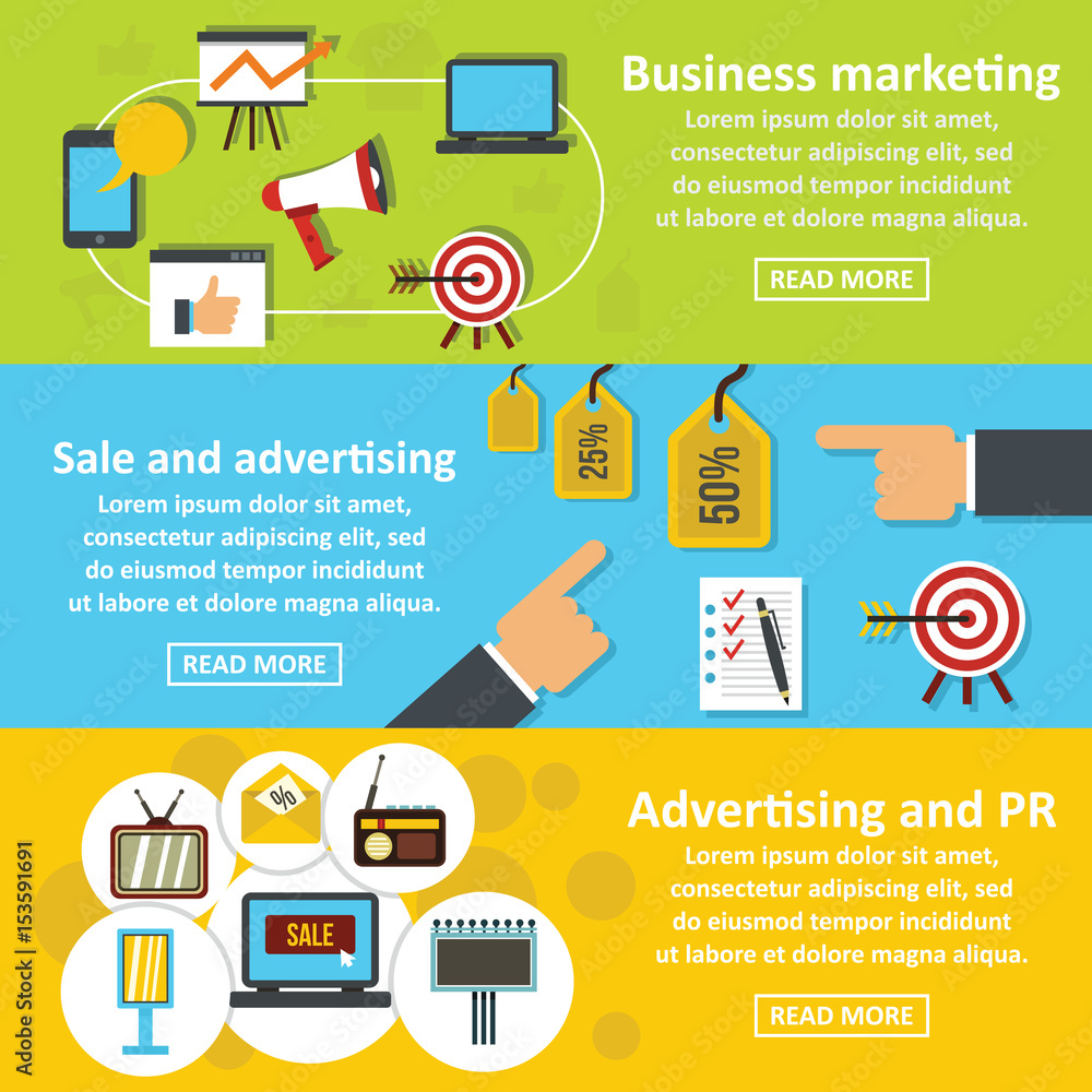 Marketing tools banner horizontal set, flat style Marketing tools banner horizontal set, flat style
