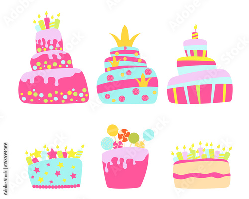 Set of birthday cakes on a white background. Vector illustration